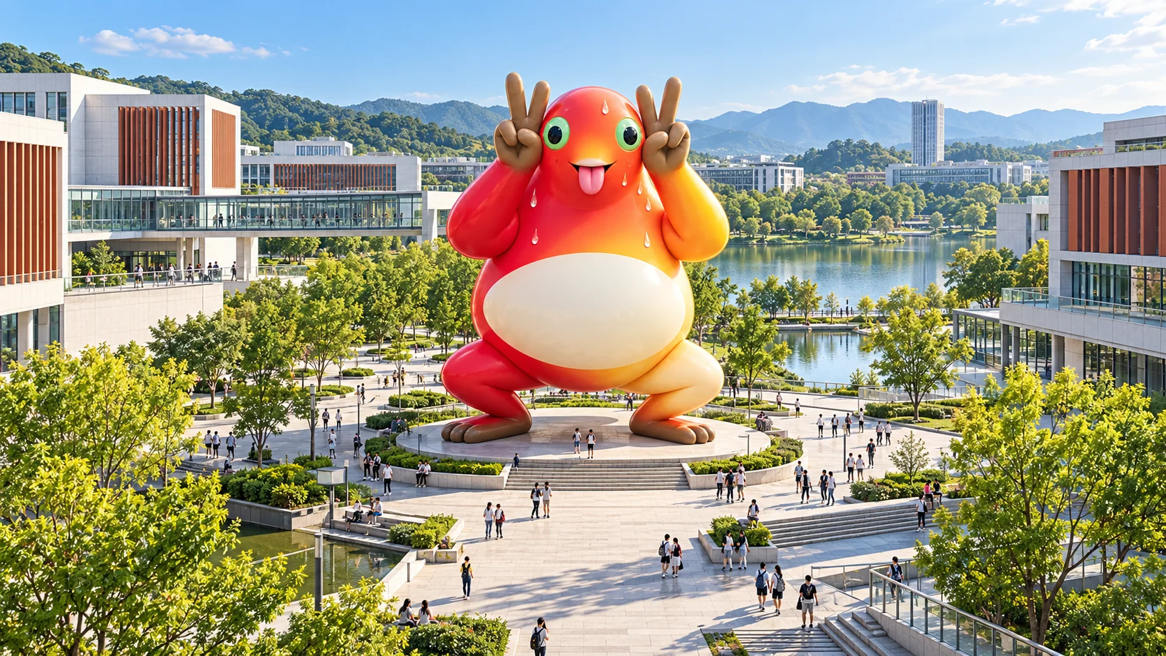 现代校园广场上竖立着双手比 V 的巨型红橙奶蛙雕像