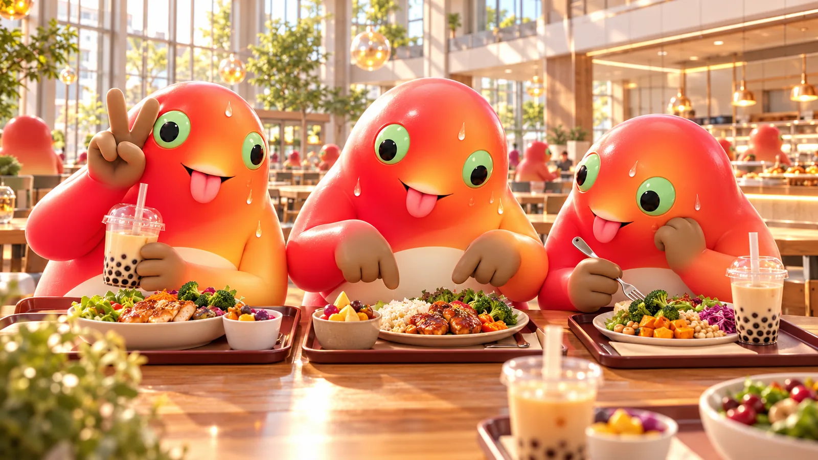 三只奶蛙围坐校园食堂长桌,面前摆着午餐与奶茶